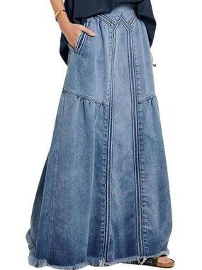 Retro Denim High Waisted A Line Maxi Skirt With Pockets